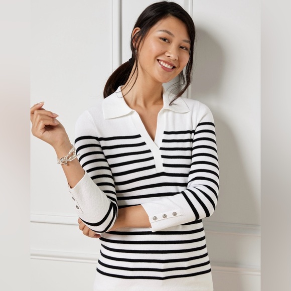 Talbots Tops - Talbots Johnny Collar Pullover Stripe Top in Black and White.